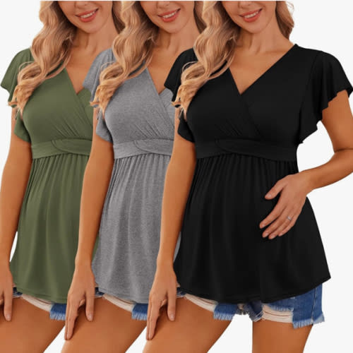 Ekouaer Maternity Shirts 3 Packs Flying Short Sleeve Nursing Tops Pregnancy Clothes