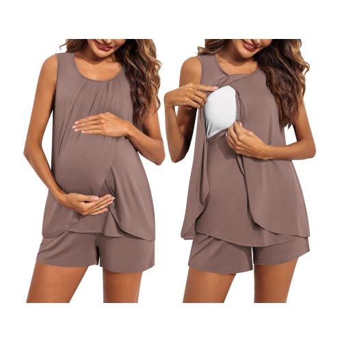 Ekouaer Women Maternity Nursing Pajama Set Breastfeeding Sleepwear Double Layer Sleeveless Top & Shorts Pregnancy PJS
