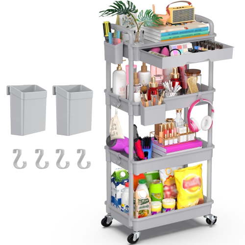 Yeabett, Utility Cart, Gray, 4 Tier, Removable Drawer