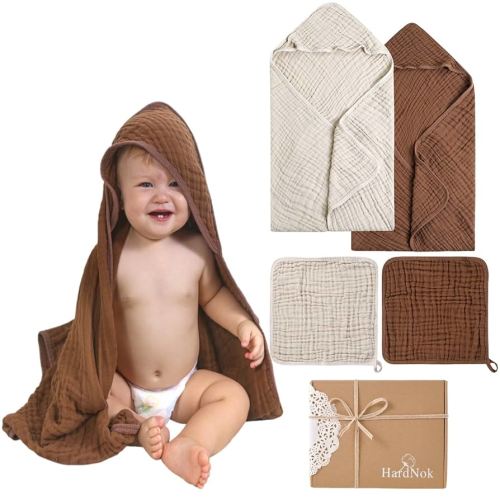 Muslin Baby Hooded Towels 4 Pack, Premium Muslin 6 Layers Natural Cotton Baby Bath Towels, Soft and Comfortable for Boys,Girls (32 x 32, (Coffee & Beige)