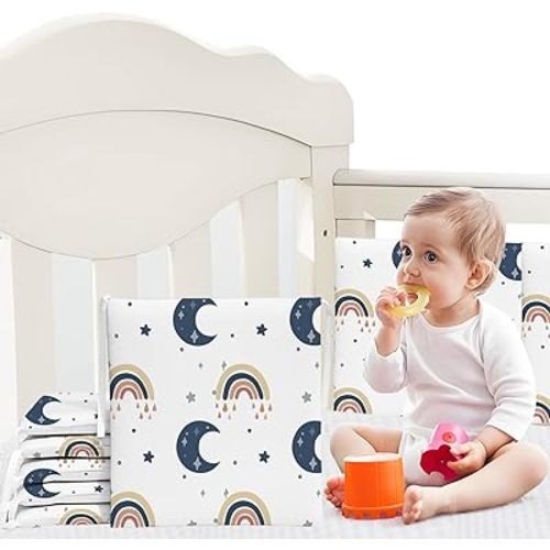 3 in 1 Crib Liner Pads Cover-Multifunctional Edge Guard Bumper Guard for Teething(starrain-Rainbow)