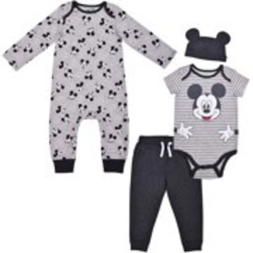 Disney 3 Pack Mickey Mouse Jogger and Onesies Set with Cap, Bodysuit Bundle for Baby, Gray, Size NB