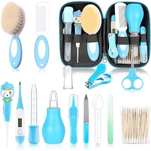 Baby Grooming Kit，Infant Safety Care Setwith Hair Brush Comb Nail Clipper Nasal Aspirator, Baby Essentials Kit for Newborn Girls Boys (15 PC-Blue Kit)