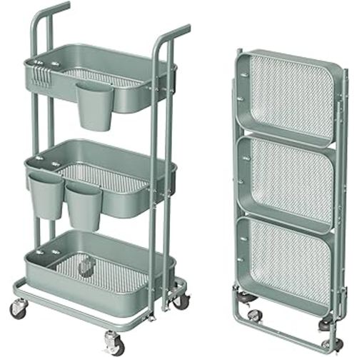 3 Tier Foldable Rolling Cart, Metal Utility Cart with Wheels, 3 Hanging Cups and 6 Hooks, Folding Trolley for Living Room, Kitchen, Bathroom, Bedroom and Office, Green