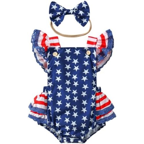 Baby Girl 4th of July Clothes Sleeveless Stars Stripes Print Romper Jumpsuits Newborn Independence Day Outfit