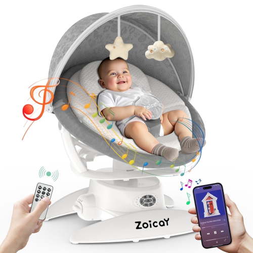 Zoicay 3-in-1 Baby Swing with Remote Control, 5 Sway Speeds & 3 Modes, 360° Rotating Seat, Motion Detection, 12 Melodies, Bluetooth Music, White