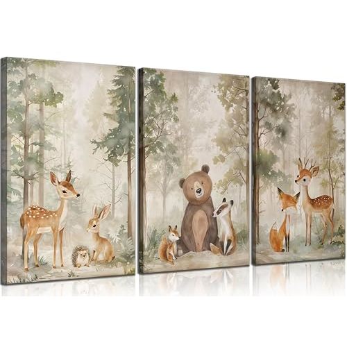 MIZILI 3Pcs Woodland Animal Nursery Canvas wall art Wild Animals Forest Paintings Pictures Wall Decor Fox Bear Deer Watercolor Poster Printing Artwork for Boys Room Girls Room Home Decoration