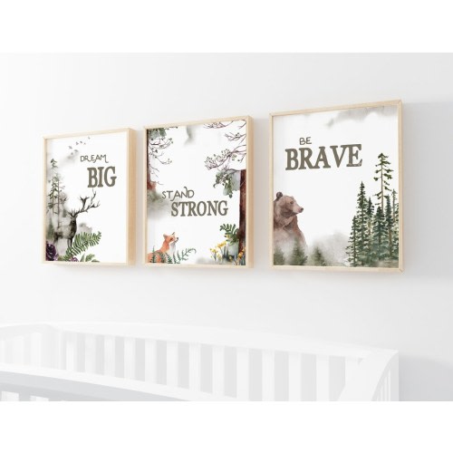 Woodland Nursery Prints - Set of 3 - New Baby Wall Decor - Forrest Animal Theme - Be Brave - Stay Strong - Dream Big - winter baby shower