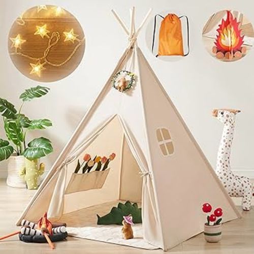 Tiny Land Kids-Teepee-Tent with Lights & Campfire Toy & Carry Case, Natural Cotton Canvas Toddler Tent - Washable Foldable Teepee Tent for Kids Indoor Tent, Outdoor Play Tent for Girls & Boys