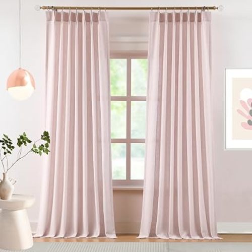 Hillcrest 112 Inches Soft Pink Pinch Pleated Semi Sheer Curtains Linen Blend Light Filtering Window Curtain for Living Room Bedroom Pinch Pleat Back Tab Drapes with Hooks 2 Panels 40" W x 112" Lx2