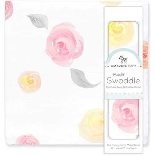 Amazing Baby Muslin Swaddle Blanket, Premium Cotton, Watercolor Roses, Pink, 1 Pack