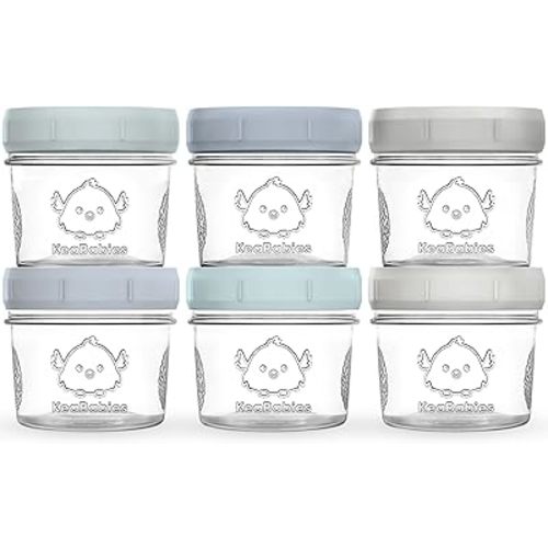 KeaBabies 6pk 4oz Glass Baby Food Containers with Lids - Leak-Proof, Microwavable Small Glass Jars, Baby Purees & Toddler Snack Storage Containers, BPA-Free, Dishwasher & Freezer Safe(Slate)