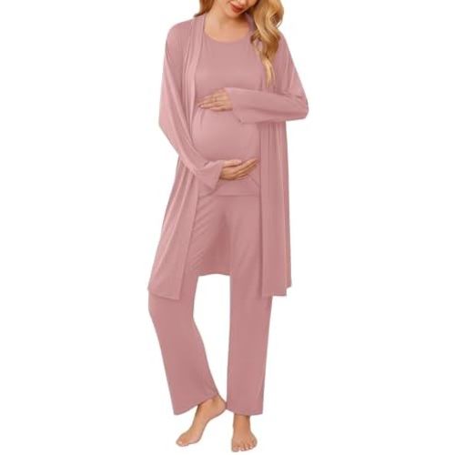 Ekouaer Maternity Nursing Robe Set 3 Pieces Sleeveless Top, Pregnancy Pants & Robe Double Layer Pajamas S-XXL