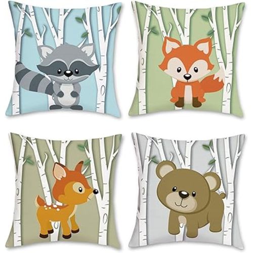 Bonhause Forest Animal Pillow Covers 18x18 Set of 4 Deer Fox Bear Raccoon Decorative Throw Pillowcases Polyester Linen for Sofa Couch Kids Classroom Decor