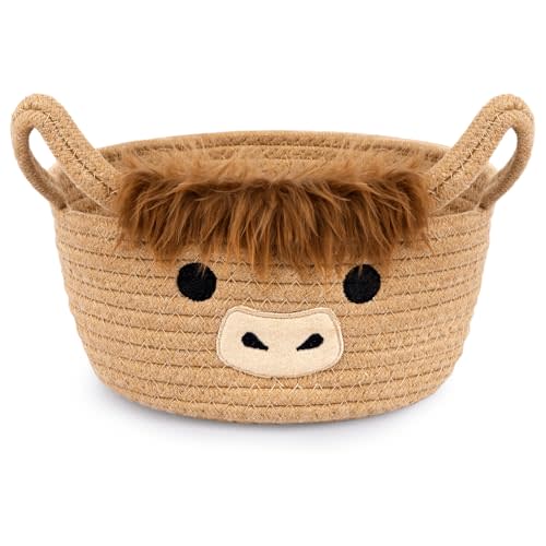 Hkojewp Highland Cute Cow Basket for Nursery, Small Shower Gift Basket, Round Woven Rope Cotton Storage, Baby Blanket 0rganizer with Ears Handles, Blanket Towel Decor Storage Bins, 10.7"D x 4.4"H IN