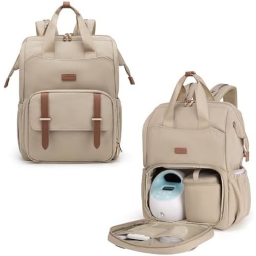 mommore Diaper Bag Backpack, Breast Pump Backpack for Spectra S1,S2 Medela Pumping Backpack for Working Moms with 15.6 inch Laptop Sleeve, Champagne