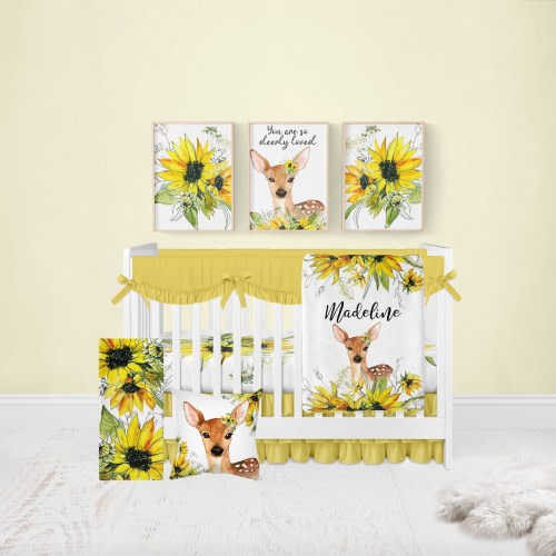 Floral Girl Crib Bedding, Deer Baby Bedding Set, Girl Crib Bedding Sets With Deer, Sunflower Nursery Bedding Set, Woodland Baby Deer Nursery