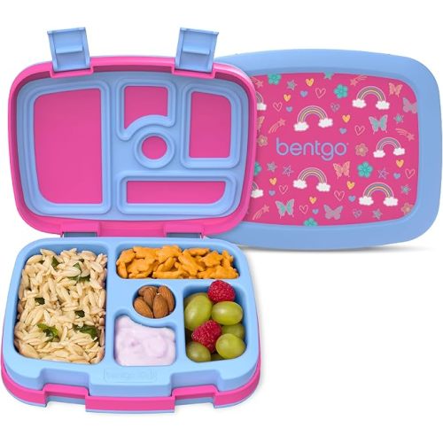 Bentgo Kids Prints Leak-Proof, 5-Compartment Bento-Style Kids Lunch Box - Ideal Portion Sizes for Ages 3-7, Durable, Drop-Proof, Dishwasher Safe, & PFAS & BPA-Free Materials (Rainbows & Butterflies)