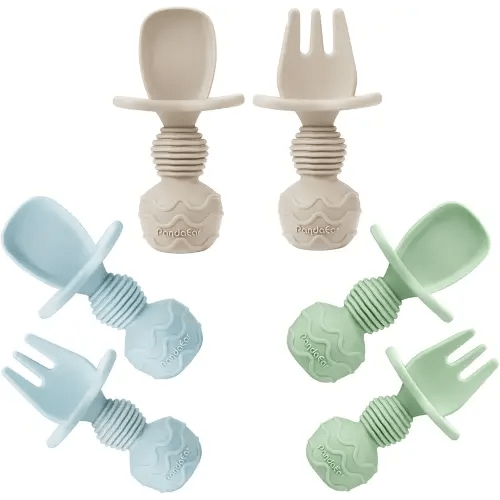 PandaEar 6 Pack Silicone Baby Spoons and Fork Feeding Set- Anti-Choke First Self Feeding Utensils for Baby Led Weaning Ages 3 Months (Blue, Green&Tan)