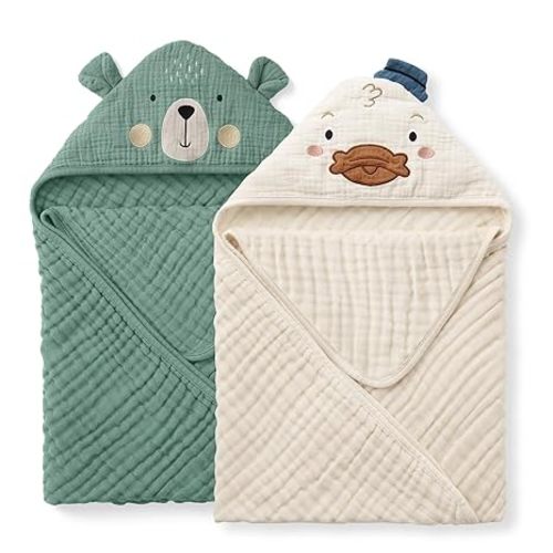 Blissful Diary Muslin Baby Hooded Towel 2 Pack, Soft & Absorbent Bath Towel for Infant, Toddler, Unisex, Baby Gift, Newborn Essentials, Bear & Duck