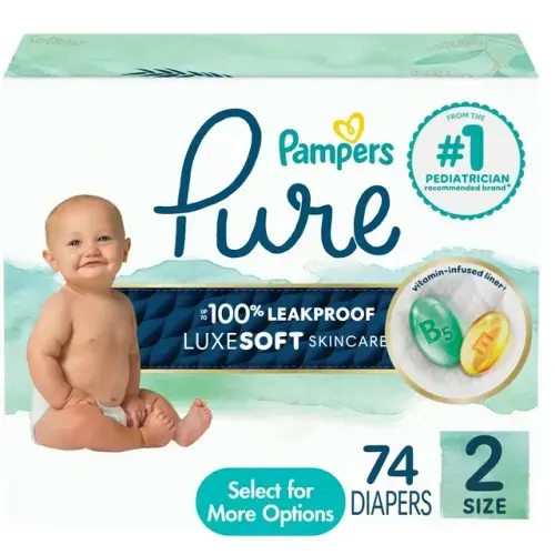 Pampers Baby Diapers - Pure Protection - Size 2, 74 Count, for up to 100% Leakproof, Premium Plant-based Skin Protection