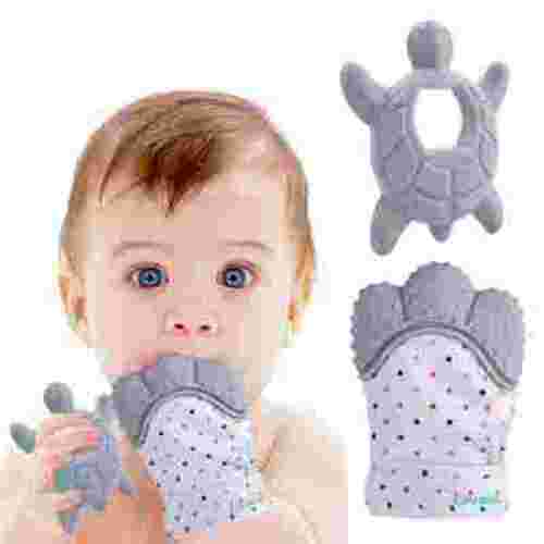 Liname Teething Mitten Set - Teething Glove with Teething Toy for Babies - Unisex (Grey)