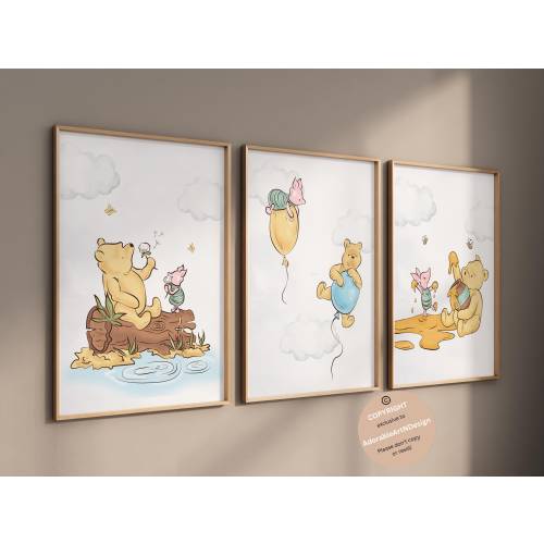 Winnie the Pooh Nursery Wall Art, Classic Winnie the Pooh Wall Art, set of 3,  Classic Pooh Baby Decor Wall Art, Nursery wall art