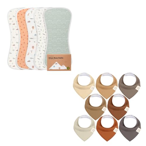 KeaBabies 5-Pack Organic Burp Cloths for Baby Boys and Girls and 8-Pack Organic Baby Bandana Drool Bibs - Ultra Absorbent Burping Cloth, Stylish Unisex Bandana Bibs, Burp Clothes