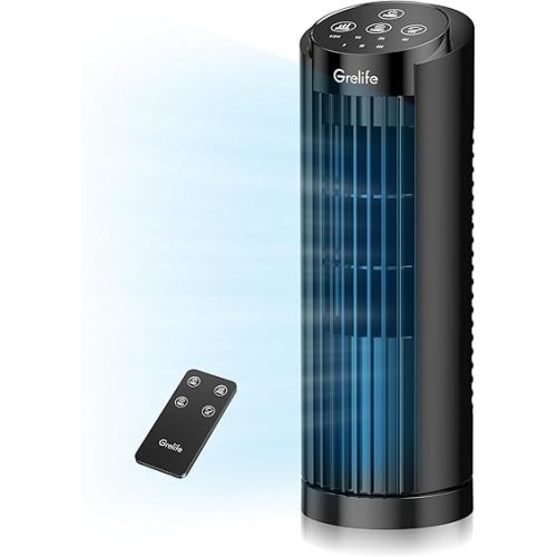 Grelife Tower Fan with Remote Control, Fast Cooling Desktop Fan, 90° Oscillation, 3 Speeds, 3 Wind Modes, Touch Screen, Auto Timer, Ideal for Home, Office Bedroom