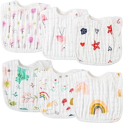 Zainpe 6Pcs Snap Muslin Cotton Bibs for Baby Rainbow Unicorn Flamingo Machine Washable Burp Cloths with 6 Absorbent Soft Layers for Girl&Boy Infant Newborn Toddler Feeding Drooling Teething