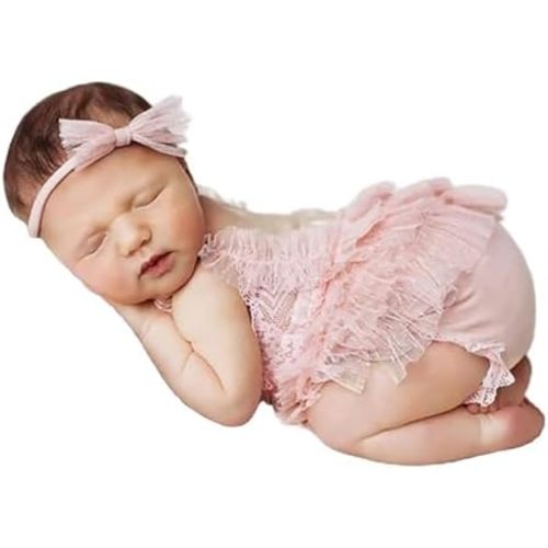 Newborn Photography Lace Romper Props Baby Girl Photo Posing Outfits with Headband for Photoshoot