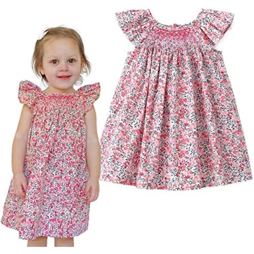 Simplee kids Baby Girl Smocked Dress Summer Casual Short Sleeve Dresses Floral Print Sundress Princess Dress for Toddlers