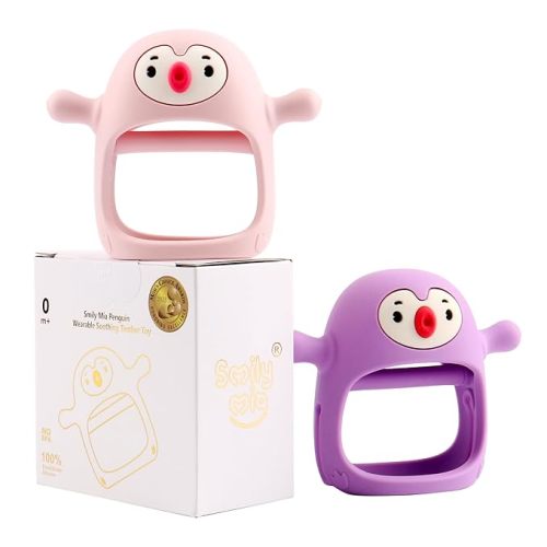 Smily Mia 2Pack Teething Toys for 0-6M, Penguin Teether for 3-6M，Silicone Teething Mitten for Teething Pain Relief, Shower Gift for Baby Girls, Purple+Pink - light purple and pink