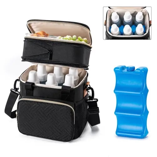 Breastmilk Cooler Bag with Ice Pack Fits 6 Baby Bottles Up to 9 Ounce, Expandable Double-Layer Leak-Proof Cooler Bag with Shoulder Strap for Nursing & Working Mom, Black