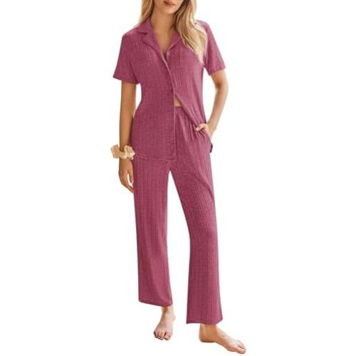 Ekouaer Womens Rib Knit Pajamas Button Up Lounge Sets Short Sleeve Top and Long Pants Matching Pjs Sleepwear Loungewear
