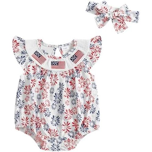 Fourth Of July Baby Girl Outfit Infant Bow Stars Smocked Romper Newborn USA Bodysuit Toddler 4th Of July Clothes
