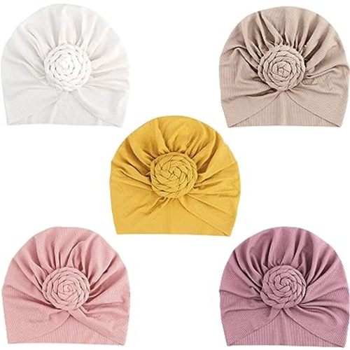 DRESHOW BQUBO 5 Pieces Baby Turban Hats Turban Bun Knot Baby Infant Beanie Baby Girl Soft Cute Toddler Cap