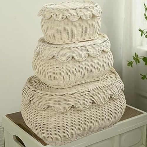 Scalloped Basket with Lid Set of 3,Storage Boxes for Shelves,Decorative Storage Boxes With Lids,Rattan Storage, Shelf Baskets Set for Organizer
