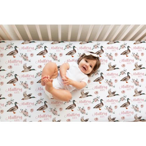 Girl Mallard Duck Crib Sheet, Hunting Baby Crib Sheet, Fitted Crib Sheet, Standard or Mini Crib Sheet, Nursery Bedding, Hunting Nursery B33