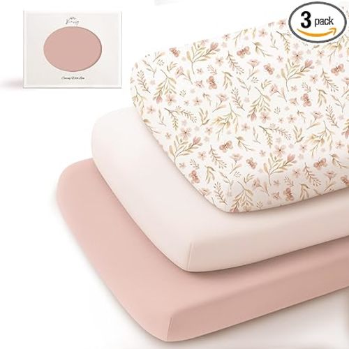 Konssy 3 Pack Stretchy Bassinet Sheets for Baby Girl Boy, Soft Breathable Baby Bassinet Mattress Sheets Fit for Hourglass Oval Cradle, Moses Basket Rectangle Mattress (Pink Spring)