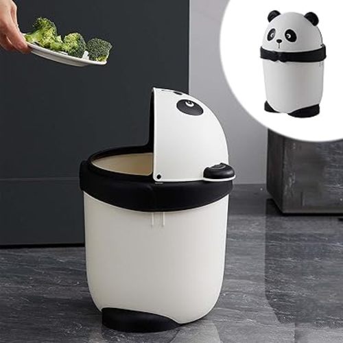 Cute Panda Trash Can, Mini Waste Can w/Swing Top Lid, Small Garbage Bin for Compact Spaces Under Tables & Counters, Miniature Trashcan, Removable Lid for Kitchens Bathrooms Bedrooms Dorms