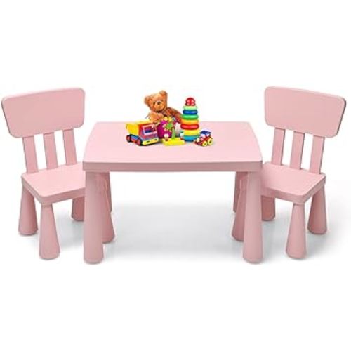 HONEY JOY Kids Table and Chair Set, Plastic Children Activity Table and 2 Chairs for Art Craft, Easy-Clean Tabletop, 3-Piece Toddler Furniture Set for Daycare Playroom, Gift for Boys Girls(Pink)
