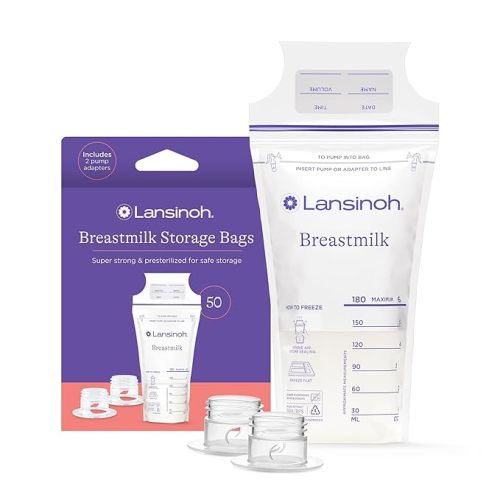 Lansinoh Breastmilk Storage Bags, 50 Count with 2 Pump Adapters, Easy to Use Breast Milk Storage Bags for Feeding, Presterilized, Hygienically Doubled-Sealed for Freezing & Refrigeration, 6 Ounce - 52.0