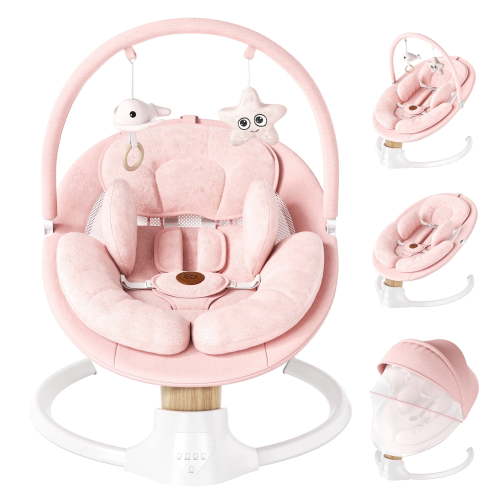 Babyomi portable baby swings for infants to toddler, Electric Swing with Music Speaker, 3 Seat Positions , 5 Speeds, and Remote Control - Infant Swing for Indoor and Outdoor, Pink