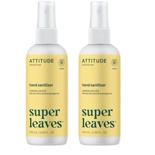 ATTITUDE Hand Sanitizer Spray for Adults and Kids, EWG Verified, Kills Bacteria and Germs, Vegan, Lemon Leaves, 3.38 Fl Oz (Spray Bottle) (Pack of 2)