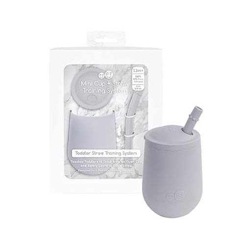 ezpz Mini Cup + Straw Training System - 9 Months+ (Pewter) - 100% Silicone Training Cup for Infants + Toddlers - Designed by a Pediatric Feeding Specialist