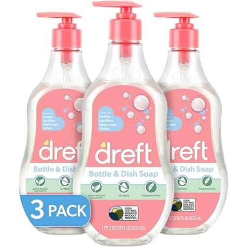 DREFT Bottle and Dish Soap | Made to Clean Baby Bottles, Sippy Cups, Pacifiers, Breast Pumps, & More | Gently Removes Milk Film & Odors | Plant Based, Fragrance Free Dish Soap | 18 Fl Oz (Pack of 3)