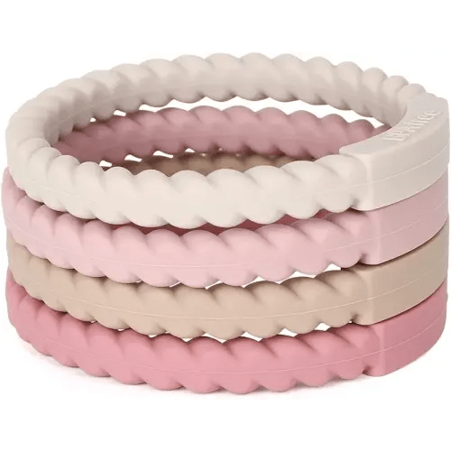 Socub Silicone Baby Teether Toy, 4 Pack BPA Free Soft Silicone Teether Bracelets for 3+Month Babies, Wearable as Bracelets, Baby Chew Toy (Sand/Light Grey/Dusty Lilac/Power Rose)