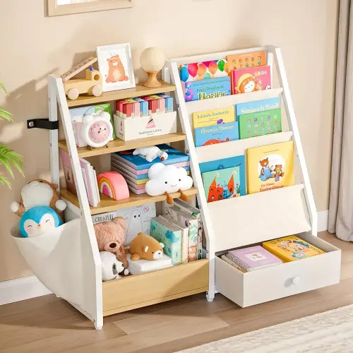 Kids Bookshelf and Toy Storage - Kids Book Shelf for Kids Rooms, Toddler Bookshelf Baby Bookcase for Nursery, Montessori Toy Organizer, Burlywood