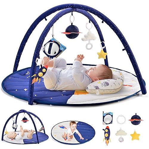 2PM SPORTS Space Theme Baby Play Mat, Tummy Time Mat, Baby Play Gyms & Playmats for 0-3 0-6 0-12 3-6 6-12 Months, Activity Mat 5 Detachable Toys, Newborn Infant Baby Boy Essentials Shower Gift
